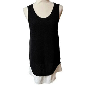 LOFT mixed media black sleeveless knit shell / vest with hem in polka dots